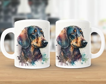 May include: Two white ceramic mugs with a watercolor illustration of a dachshund dog on each side. The dog is black, brown, and tan with a splash of blue and green watercolor in the background.