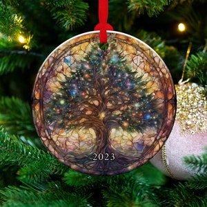 Christmas Ornament 2023, Christmas Decoration, Heirloom Keepsake, Round Ceramic Ornament, Holiday Gift Idea, Keepsake, Stained Glass Style