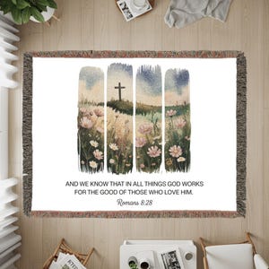 Christian Woven Blanket Roman Flowers and Cross Design, Bible Verse Faith Blanket, Floral Faith Throw for Home Decor