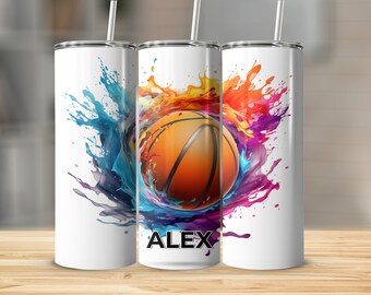 Vaso de baloncesto personalizado, taza de viaje colorida Splash Art, artículos para beber deportivos con nombre personalizado, regalo de entrenador único, arte de baloncesto vibrante