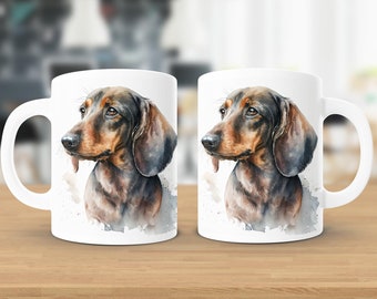 May include: Two white ceramic mugs with a watercolor illustration of a dachshund dog on each side. The dog is brown and black with a white background.
