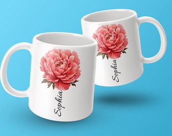 Personalized Peony Flower Mug, Custom Name Floral Coffee Cup, Peony Lover Gift, Peonies Gift, Best Friend Gift, Cute Personalized Mug