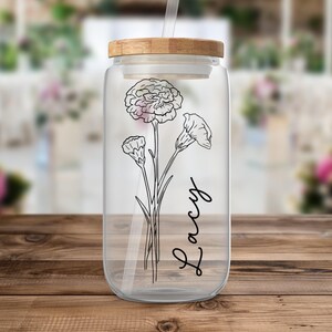 Personalized Birth Flower Tumbler, Gifts for Her, Bridesmaid Proposal Gift, Mother&#39;s Day Gift, Graduation Gift, Custom Glass Iced Coffee Cup