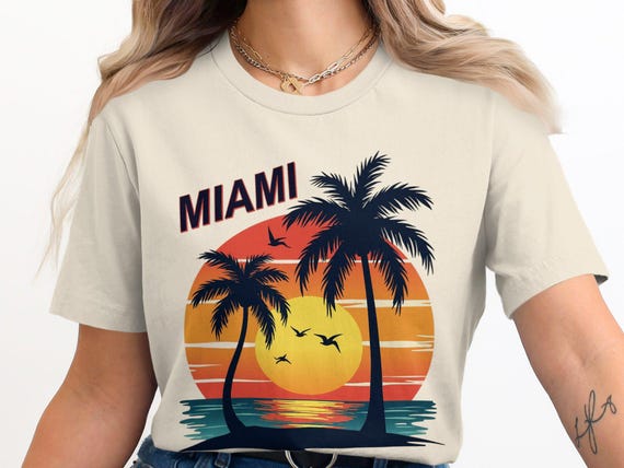 Miami Florida Sunset T-shirt, Tropical Beach Graphic Tee, Retro