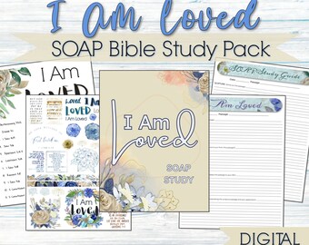 Peut inclure: Un pack numérique imprimable pour une étude biblique sur le thème "Je suis aimé(e)". Le pack comprend une page imprimable avec le texte "Je suis aimé(e)" dans un design floral, une page imprimable avec le texte "Je suis aimé(e)" dans un design floral bleu et blanc, et un guide d'étude SOAP imprimable.