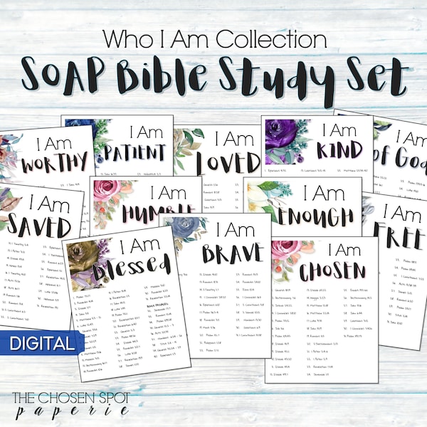 Who I Am SOAP Study Set - 12 'SOAP' study lists, bible study, monthly bible study, scripture writing, instant download, printable pdf, Jesus