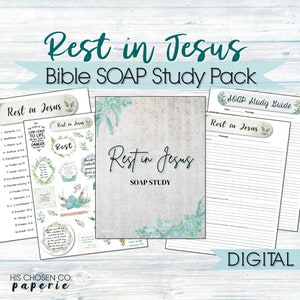 Op de afbeelding: Digitaal printbaar Bijbelstudiepakket met een groen en wit bloemmotief. De titel is "Rest in Jesus" en de tekst bevat de zin "SOAP Study".