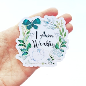 I Am Worthy Floral-vinylsticker - waterdichte sticker voor beker, laptophoes, notitieboekje, bijbeldagboek - vrouwelijke bloemenkrans voor vrouwen