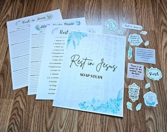 Rest in Jesus SOAP Study pack, bible study kit, How to rest, help with anxiety, sticker sheets, topical study, womens bible study, sister