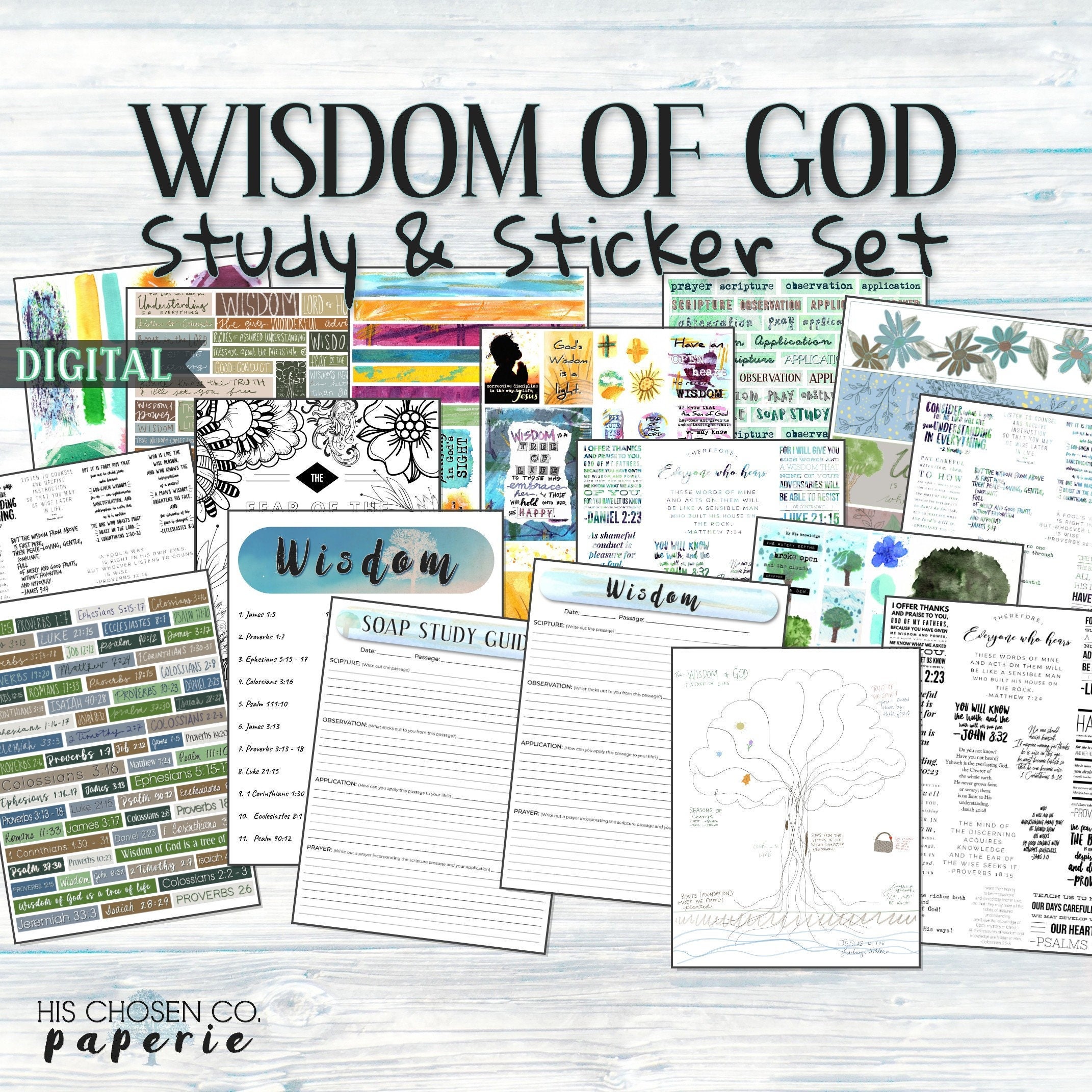 Wisdom of God Digital Bible Journaling Sticker-set voor christelijke vrouwen - creatief Schriftstudiepakket met stickers en devotional