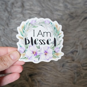 I Am Blessed-vinylsticker - waterdichte sticker voor beker, laptophoes, notitieboekje, Bijbeldagboek - vrouwelijk paars schrift, retraitecadeau