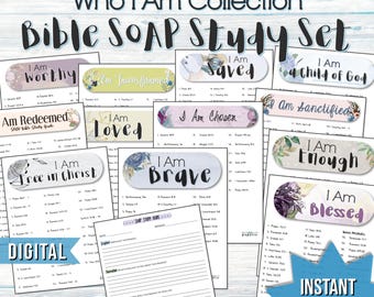 May include: A digital printable set of Bible study worksheets with floral designs. Each worksheet features a different affirmation, such as "I am worthy", "I am loved", and "I am free in Christ". The worksheets include space for scripture references, observations, applications, and prayers.