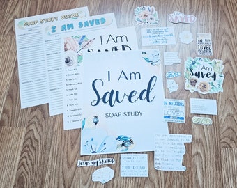 I Am Saved SOAP Study pack, bible study kit, you are saved, soap study sheets, sticker sheets, topical study, womens bible study, wife gifts