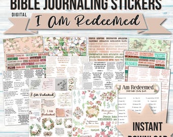 I Am Redeemed afdrukbare stickerset voor bijbeljournaling - digitale Instant Download bijbeltekststickers voor vrouwen, bloemenstickers