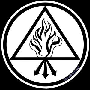 May include: Black and white illustration of a stylized flame inside a triangle, with three arrows pointing down, all within a circle. The text "©SweetBelladonnaX" is in the lower right corner.