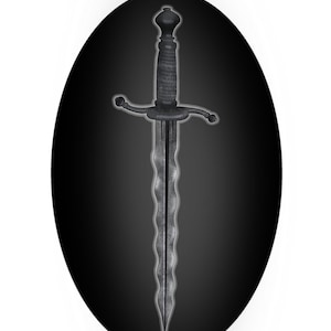 May include: A detailed illustration of a dagger with a textured, dark gray blade and handle. The dagger features a crossguard and a pointed tip. The image is set against a black oval background with the text "SweetBelladonnaX" in red.
