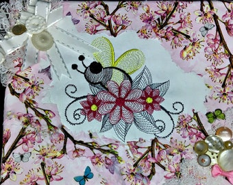Embroidered Wall Art,  Decoupage Art,  Button Collage,  Embroidered Bees