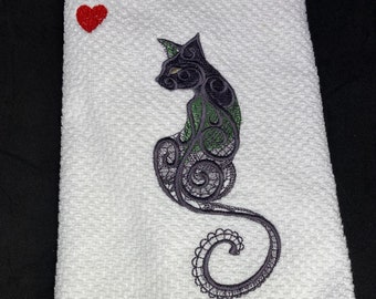 Decorative Towel,  Cat Kitchen Towel, Tea Towel Embroidery