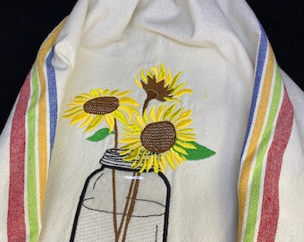 Tea Towel Embroidery Sunflower Tea Towel Hanging Hand Towel Dish Towel Sunflower Vinyl Covered, Tea Towel Flour Sack