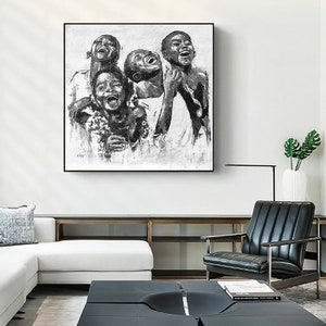 Shai Yossef Oil painting black and white large/small/medium print on canvas happy kids ,children, extra large artwork,wall African art black