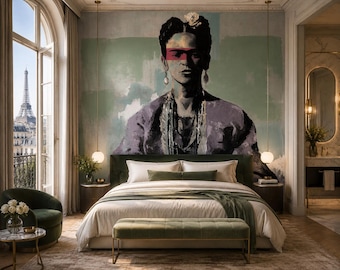 Frida Kahlo Inspired Wall Mural | Contemporary Feminine Portrait Wallpaper | Luxury Boutique Hotel & Bedroom Decor
