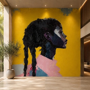 African Girl Wallpaper Mural, Contemporary Portrait Wall Mural, Luxury Yellow Wall Art, Modern Interior Statement Wallpaper