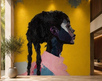 African Girl Wallpaper Mural, Contemporary Portrait Wall Mural, Luxury Yellow Wall Art, Modern Interior Statement Wallpaper