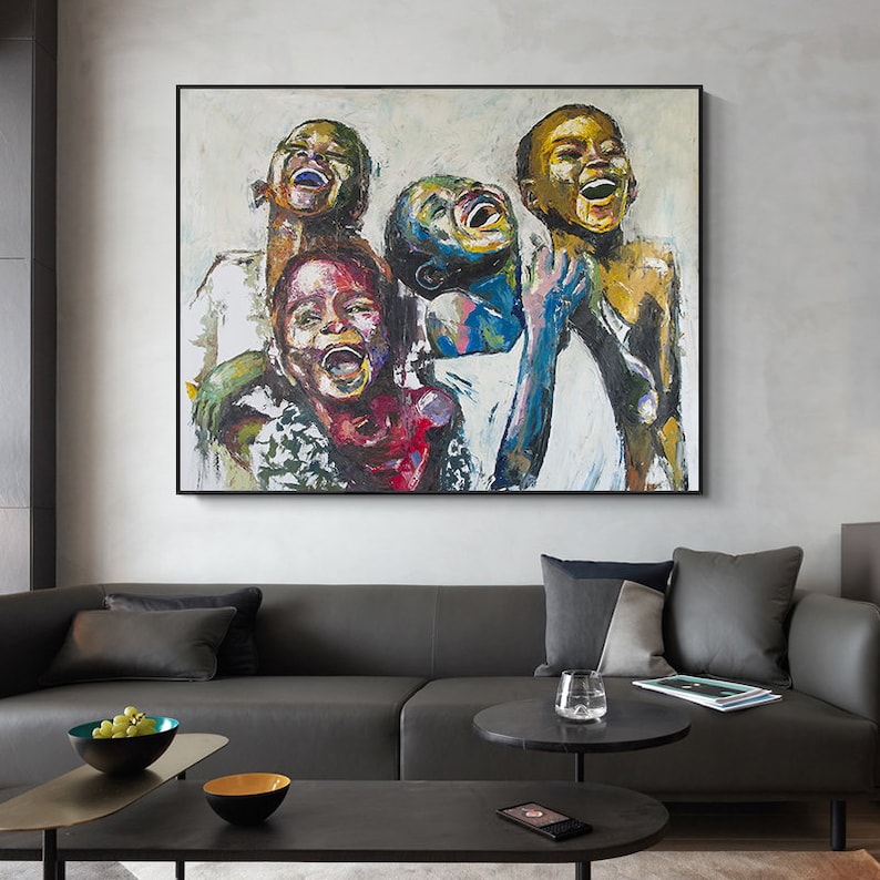 Shai Yossef print on canvas painting large/small/medium happy kids ,African Black art home BEST gift image 7
