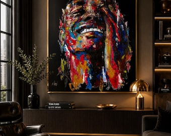 Stampa su tela "Uomo che ride", ritratto colorato di uomo di colore, arte murale afroamericana, arte contemporanea espressiva, decorazione murale moderna