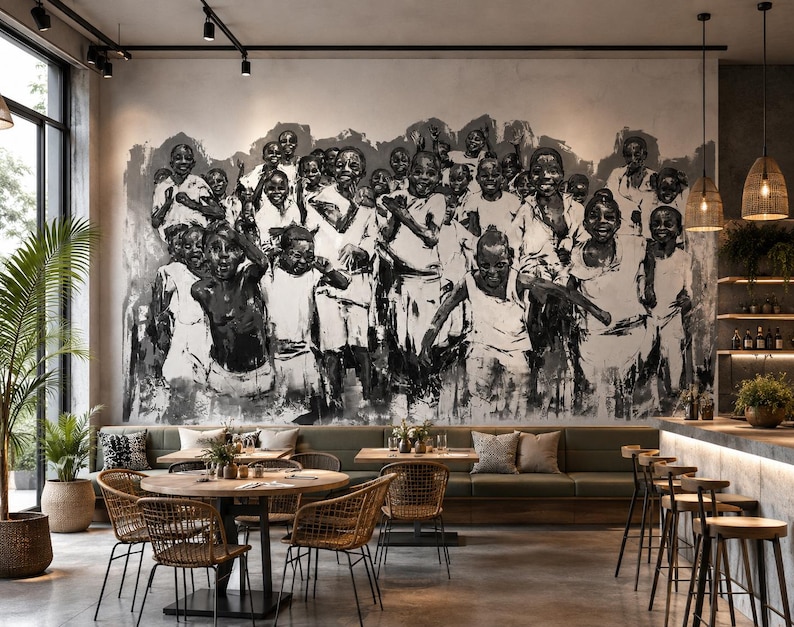 May include: A large-scale black and white wall mural depicting a crowd of children with expressive faces and varied poses. The artwork features high-contrast brushstrokes and charcoal-style shading, covering the entire wall above a seating area.