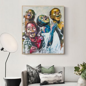 Shai Yossef painting large/small/medium print on  ROLLED  canvas happy kids ,wall ,african american black art black lives matter,happy art