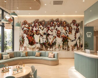 Joyful African Children Wall Mural, Colorful Peel and Stick Wallpaper, Happy Kids Portrait, Family Room Wall Decor