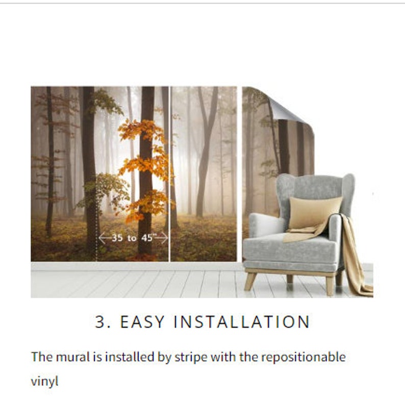 May include: A wall mural featuring a misty forest scene with tall trees and autumn foliage, displayed in vertical stripes. A measurement graphic indicates a width of 35 to 45 inches per stripe. The text 3. EASY INSTALLATION is printed below.