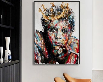 Shai Yossef painting large print on canvas A young man with a cigarette and a crown