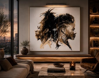 Contemporary Black Couple Canvas Print, Abstract Figurative Wall Art, Modern Minimalist Portrait, Luxury Statement Home Decor