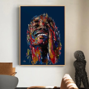 Best gift Shai Yossef painting large canvas print ,portrait,happy African American man smile smiling,rolled/framed,black Afro art