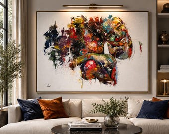 Brother & Sister Leinwanddruck | Bunte Geschwister Portrait Wandkunst | Modernes Familien Gemälde | Expressionistische Leinwand Kunst | Zeitgenössische Kunst