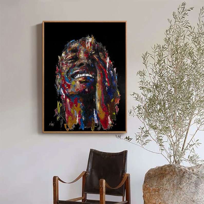 Print on canvas Shai Yossef painting ,happy man portrait,smiling,black art image 5