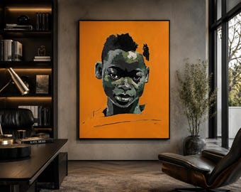 Stampa artistica da parete "Ragazzo nero", ritratto su tela di bambino africano, ritratto moderno e colorato, grande decorazione murale di grande impatto, arte nera contemporanea