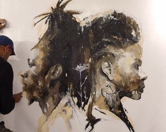 Extra extra large original oil painting black art woman and man portrait by Shai Yossef
