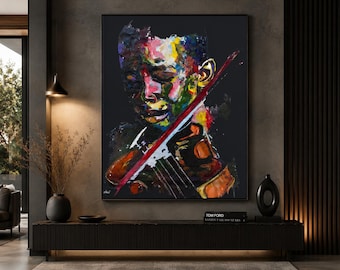 Cuadro colorido de un violinista, arte mural expresivo para músicos, lienzo figurativo abstracto moderno, regalo para orquesta, decoración para sala de música