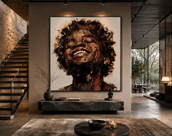Sepia Portrait Canvas Art, Expressive Black Man Wall Art, Joyful Face Painting, Neutral Brown Wall Decor, Contemporary Figurative Art