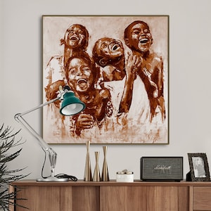 African Children Laughing Canvas Print: Sepia Black Art Decor