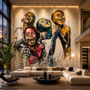 May include: A large-scale wall mural featuring an expressive, multi-colored oil painting of three laughing children with vibrant splashes of red, blue, yellow, and green paint. The artwork is displayed on a tall wall above a white sectional sofa.