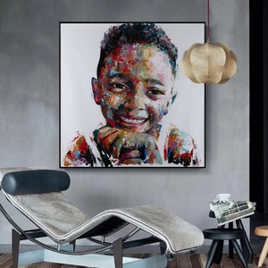 Shai Yossef  painting large/small/medium print on canvas, amazing black boy portrait  black art, smiling happy kid child