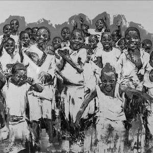 May include: A black and white painting depicting a large group of children with joyful expressions. The figures are rendered in high-contrast brushstrokes, showing them with arms raised and smiling faces. The composition captures a sense of movement and collective energy, with the artist's signature visible in the bottom left corner.