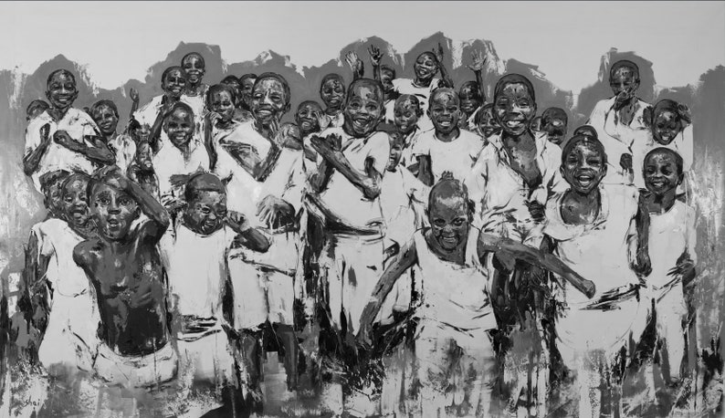 May include: A black and white painting depicting a large group of children with joyful expressions. The figures are rendered in high-contrast brushstrokes, showing them with arms raised and smiling faces. The composition captures a sense of movement and collective energy, with the artist's signature visible in the bottom left corner.