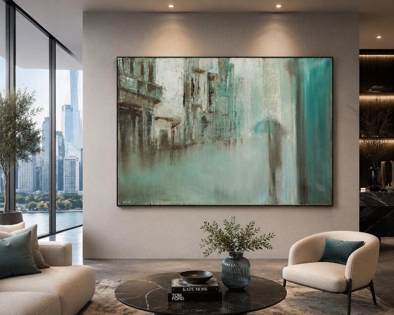 Pu&ograve; includere: Un grande dipinto astratto rettangolare caratterizzato da una miscela di toni verde acqua, bianco e marrone scuro. L'opera mostra forme architettoniche sfocate e pennellate verticali, incorniciata da un sottile bordo nero, su una parete neutra.