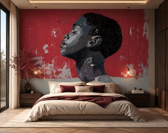 Statement Wall Mural, Red African Portrait Wallpaper, Luxury Bedroom Decor, Modern Peel and Stick Mural