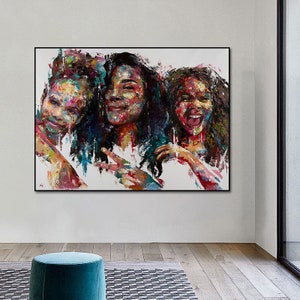 Radiant Joy: Captivating Painting of Smiling Girls - Perfect Wall Decor, wall poster, sisters art